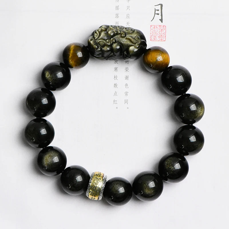 Fortune Feng Shui Gold Obsidian Pixiu Beads Bracelet – Stainless Steel Lucky Amulet Jewelry