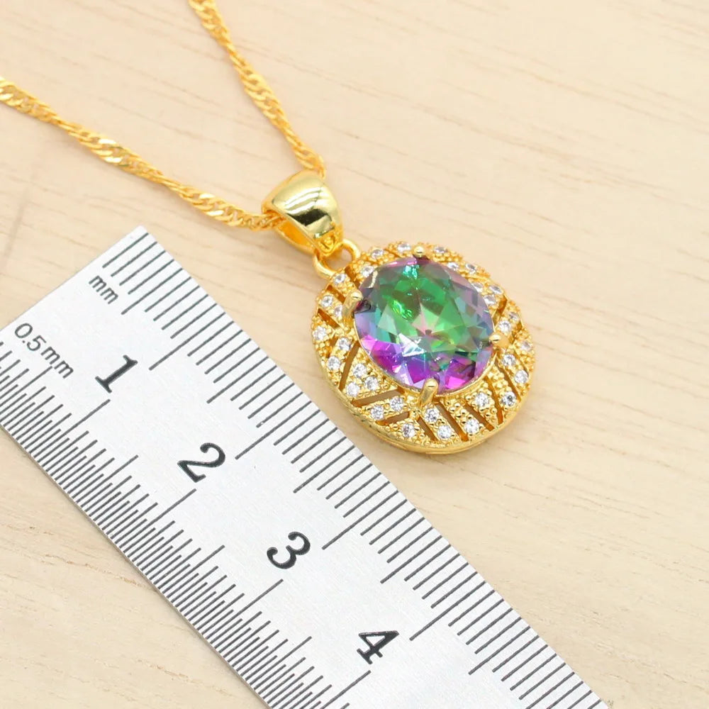 Geometric Gold-Plated Jewelry Set for Women – Rainbow Stone Alloy Bracelet, Hoop Earrings, Necklace & Ring | Perfect Wedding, Party & Birthday Gift Mireille
