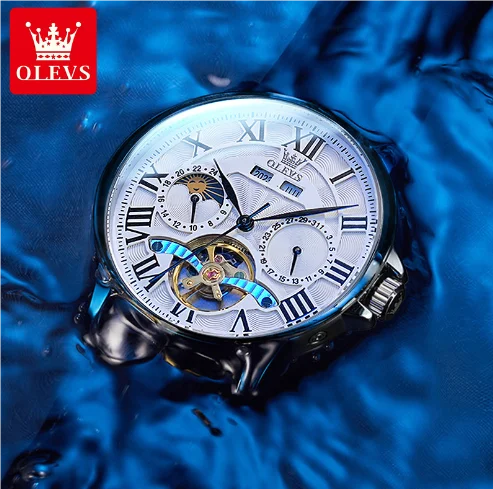OLEVS 7013 Men's Moon Phase Mechanical Watch – Roman Scale, Hollow Flywheel, Waterproof Automatic Timepiece