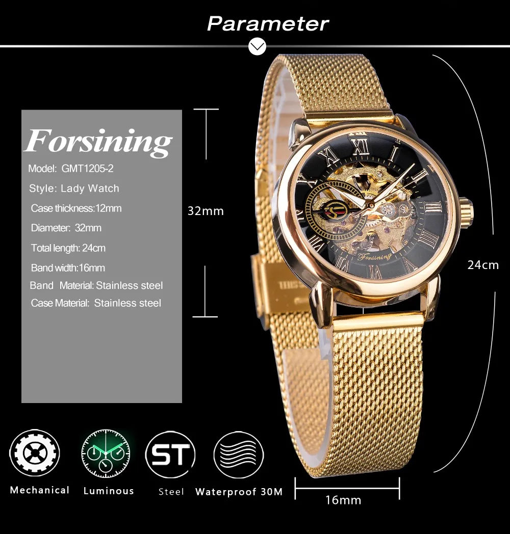 Forsining Women’s Skeleton Watch | Stainless Steel Transparent Mechanical Wristwatch – Waterproof Luxury Watch for Women