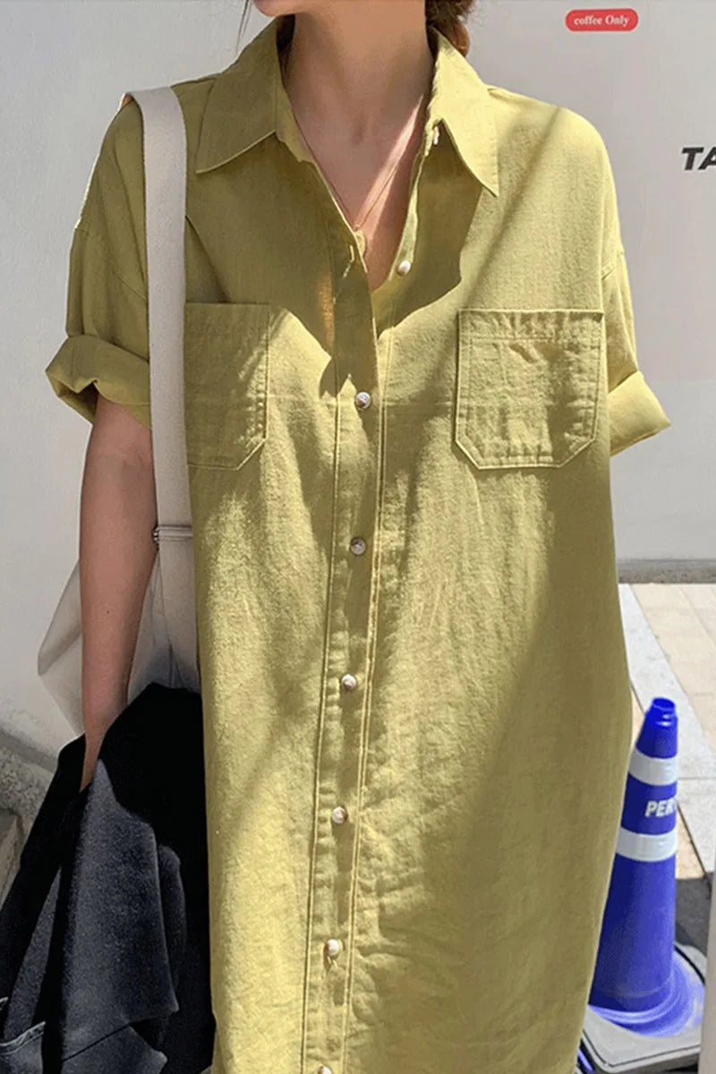 Korean Chic Summer Cotton Dress | Simple Lapel, Single-Breasted, Short-Sleeve Women's Fashion Mayella