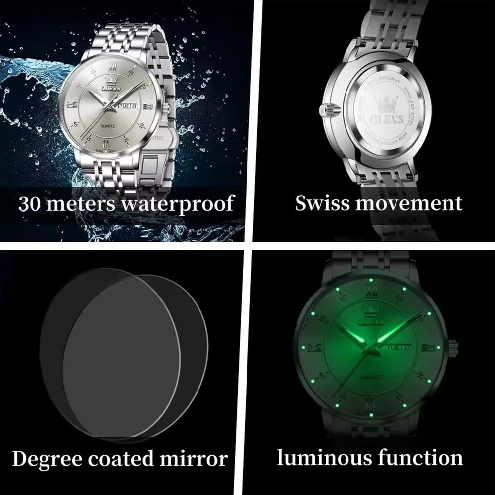 OLEVS 3680 Men's Quartz Watch – Original Movement, Stainless Steel, Waterproof, Luminous Large Dial, Date Function, New Design