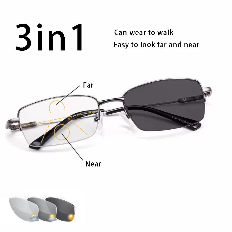 Metal Squared Frame Multifocal Progressive Photochromic Eyeglasses - Unisex Corrective Reading Glasses Alaric