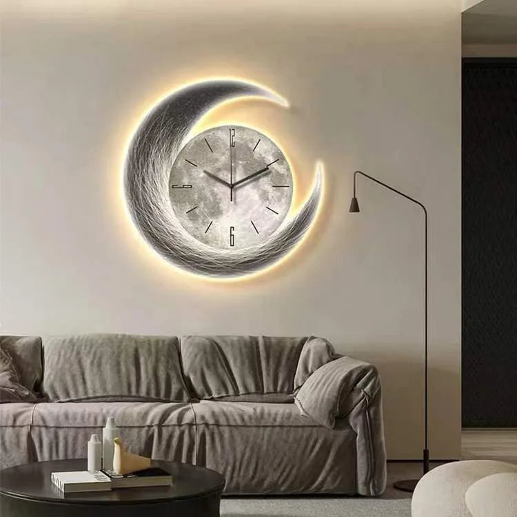 Modern Luxury Wall Clock with Night Light – Moon Design Decorative Clock for Living Room, Dining Room, and Home Decor