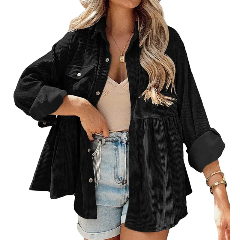 Women's Long-Sleeve Corduroy Ruffled Shirt with Button-Up Design – Elegant & Stylish Top