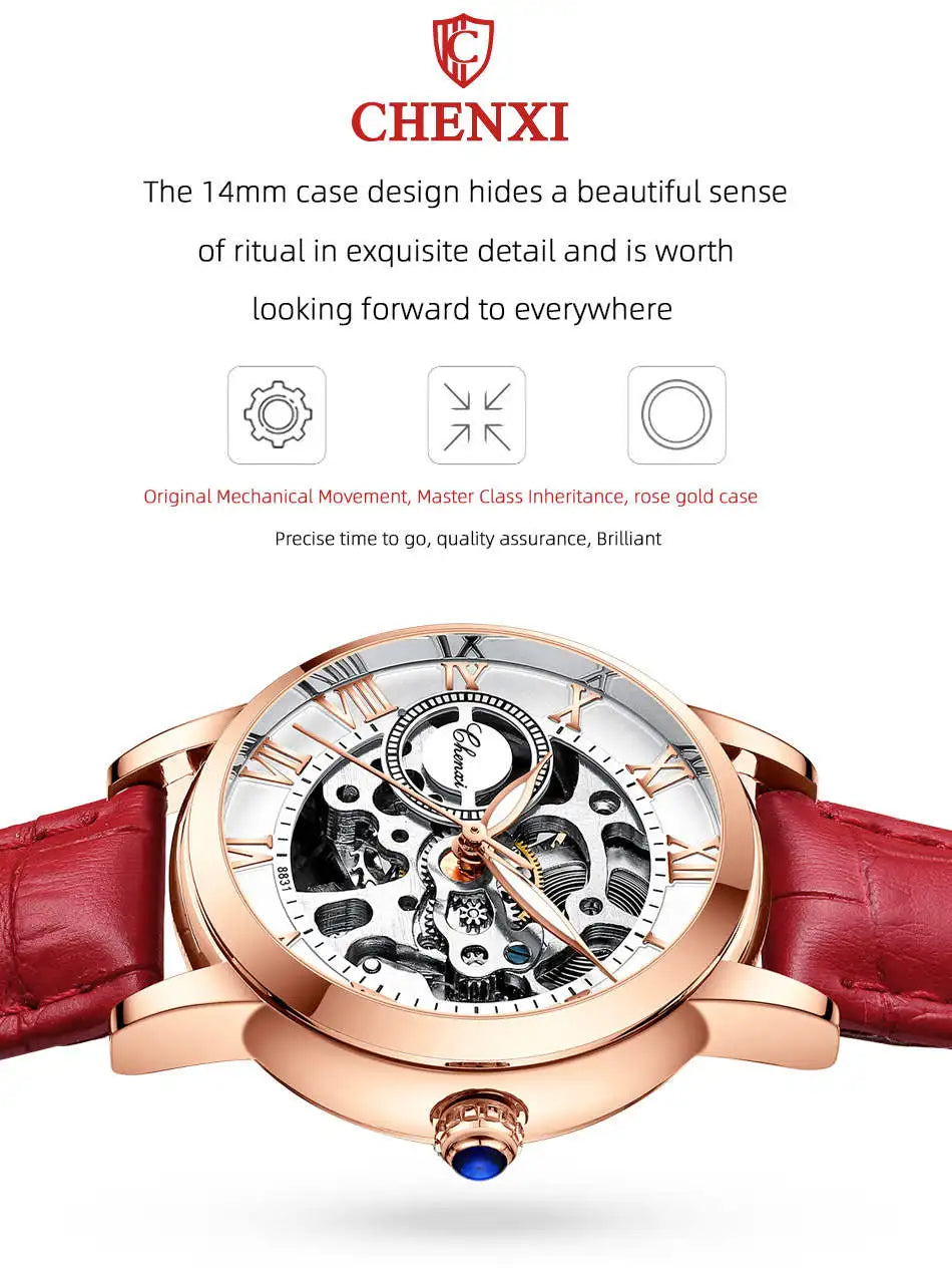 CHENXI 8831 Women’s Casual Rose Gold Skeleton Watch – Fully Automatic Mechanical Wristwatch with Luminous Steel Band