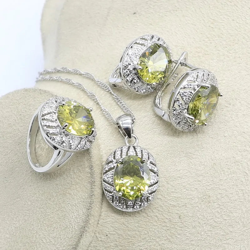 925 Sterling Silver Jewelry Set for Women – Olive Peridot & White Zircon Bracelet, Earrings, Necklace & Ring | Perfect for Parties & Weddings Coraline