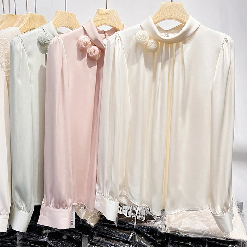 Spring French Style Women's Shirt – Standing Collar, Floral Design, Long Sleeve, Elegant Minimalist Top