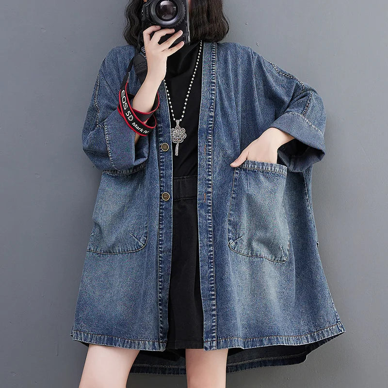 Vintage V-Neck Denim Trench Coat – Casual Medium-Length Jacket with Pockets Harper