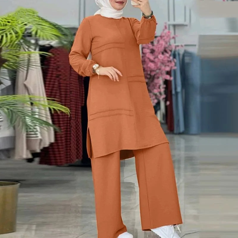Elegant Muslim Women's Two-Piece Set – Long-Sleeved Shirt & Wide-Leg Pants | Modest Solid Color Outfit Ceyda
