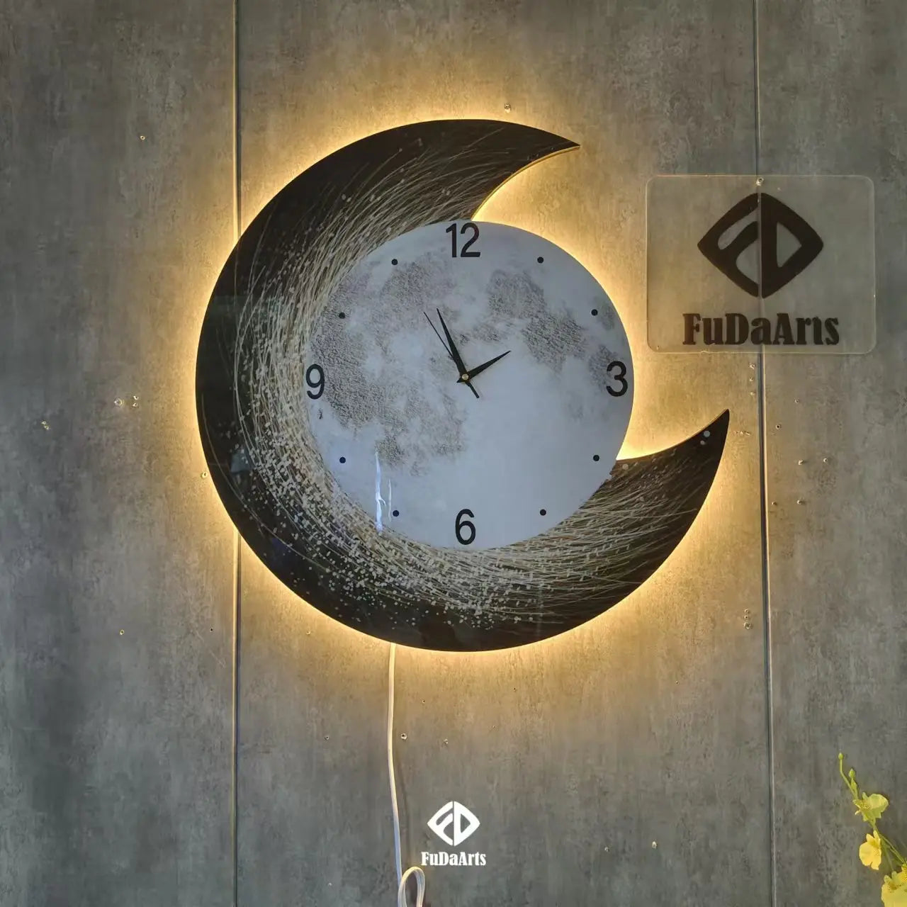 Modern Luxury Wall Clock with Night Light – Moon Design Decorative Clock for Living Room, Dining Room, and Home Decor
