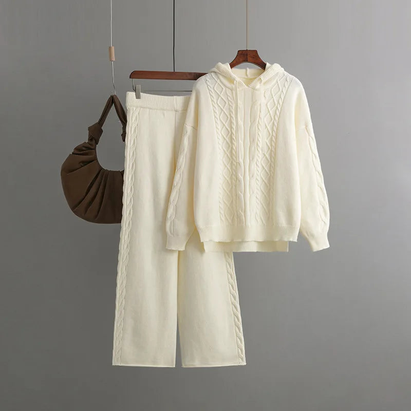 Women’s Warm Knit Jumpsuit Set – Hooded Cable Pullover and Two-Piece Sweater Outfit | Cotton-Nylon Blend Lorelei