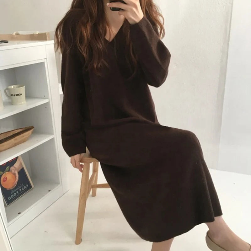 Spring New Arrival V-Neck Sweater Dress | Custom Fit Lightweight Plain Knit Dress for Women Aivee