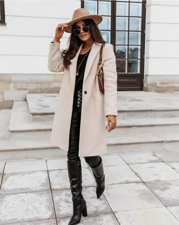 Women's Solid Color Woolen Coat - Lapel Button Mid-Length Autumn & Winter, Office Wear Cathy