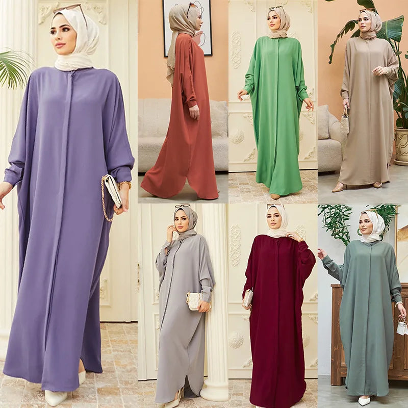 Bat Sleeve Loose-Fit Abaya – Solid Color Dubai & Turkey Style Muslim Dress | One-Size Modest Robe for Women Aleena