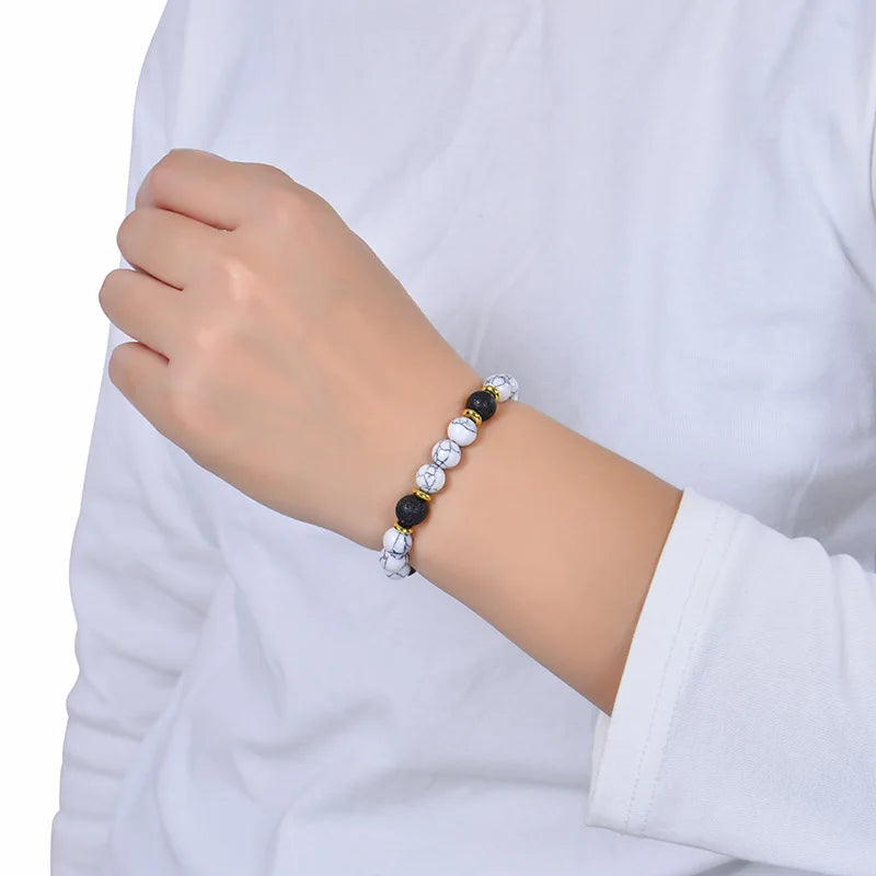 Handmade 8mm White Howlite & Lava Stone Beaded Bracelet | Natural Stone Jewelry for Career, Wealth, Luck & Personal Meaning Lilia