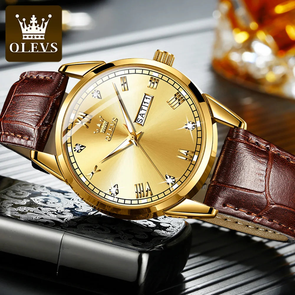 OLEVS 6896 Genuine Leather Quartz Watch – Waterproof Unisex Design with Stylish Dial for Men and Women