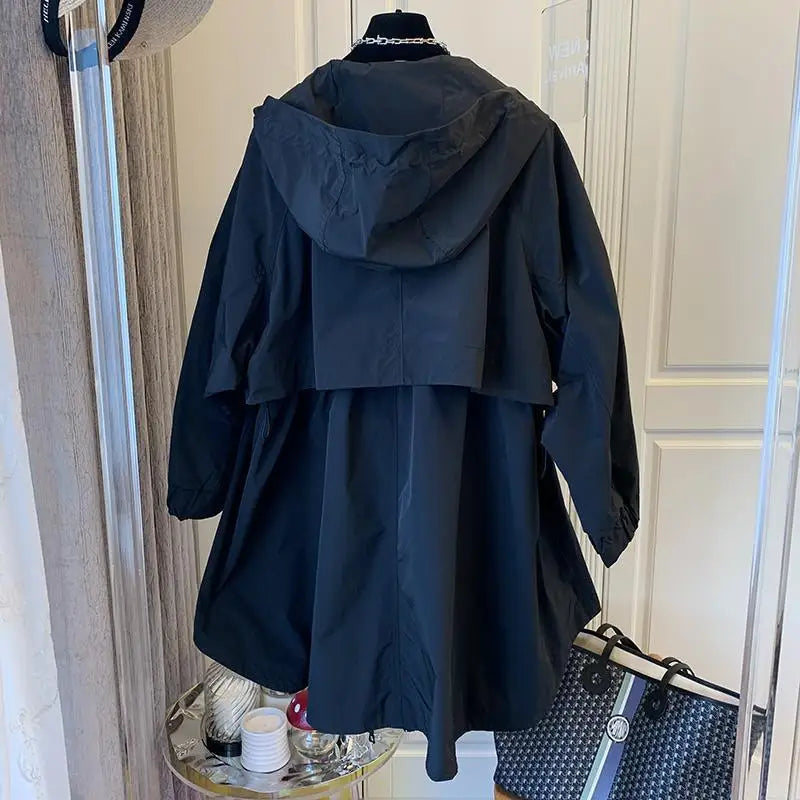 Casual Spring Cotton Hooded Windbreaker with Pockets – Solid Color Long Sleeve Women's Trench Coat Egwene