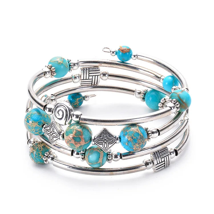 Fashion Charm Natural Stone Beaded Bracelet – Turquoise Crystal Multilayer Spiral Memory Wrap Bangle for Women Helena