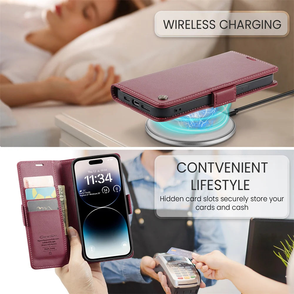 Magnetic Shockproof Leather Wallet Case – Luxury Kickstand with RFID Blocking for iPhone 14, 13, 12 Pro Max