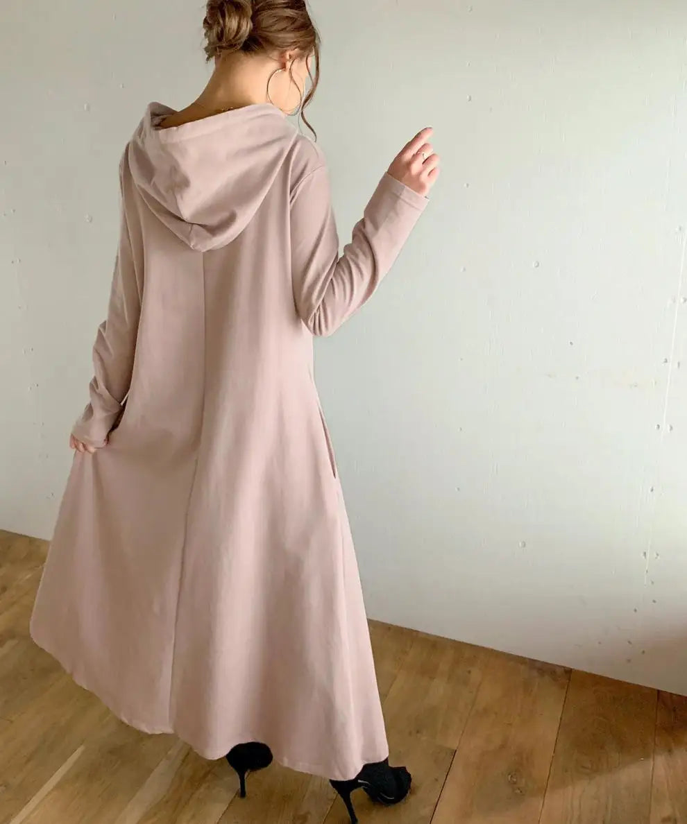 Women’s Maxi Pleated Dress with Pockets | Korean Fashion Winter Hooded Dress Mavy