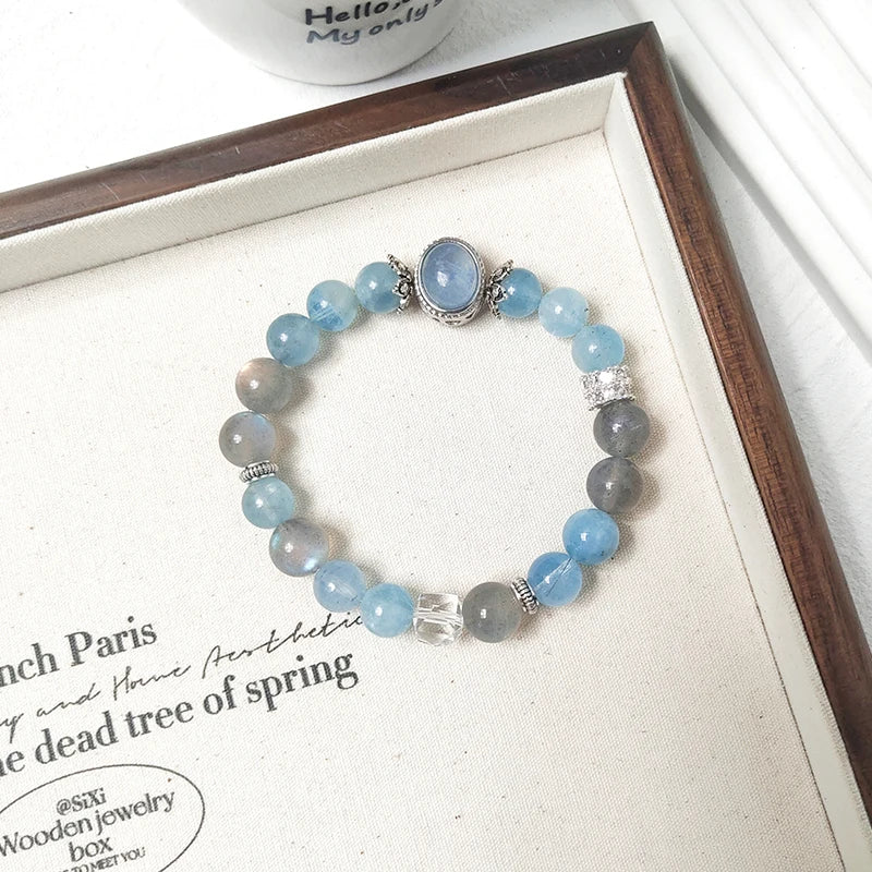 Trendy Spiritual Gem Bracelet – Aquamarine, Gray Moonstone, Clear Quartz for Calm, Intuition & Chakra Balancing
