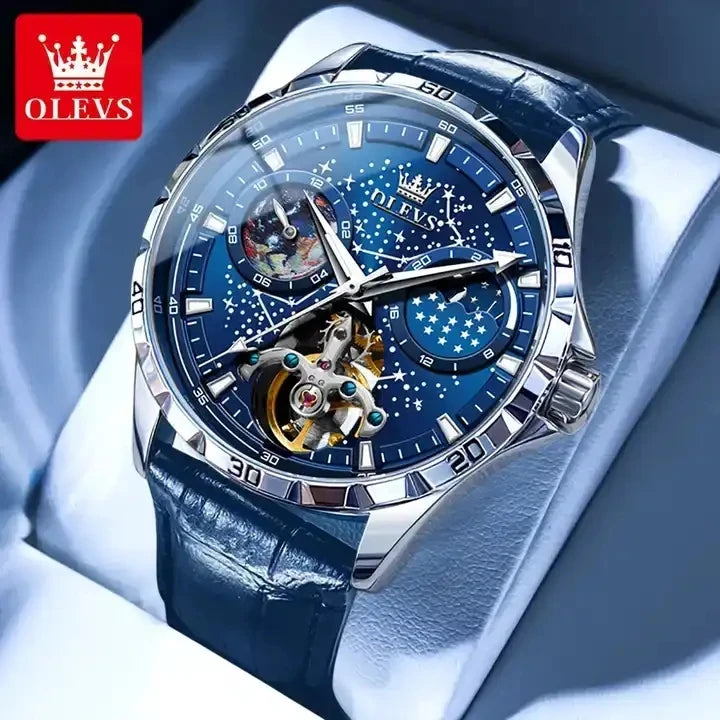 OLEVS 6689 Men's Automatic Mechanical Watch – Luxury Skeleton Design with Starry Sky Dial, Multifunctional Features, Stainless Steel, and Leather Strap