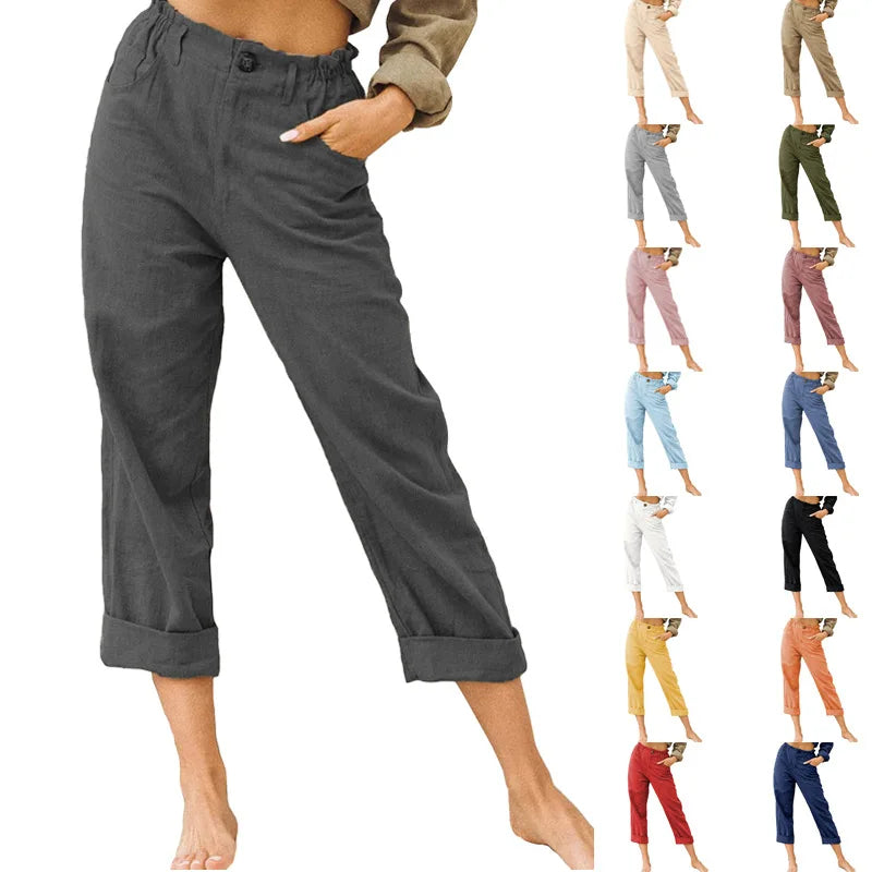 Summer High-Waist Cotton Linen Trousers | Loose Fit Casual Solid Color Pants for Women Trina