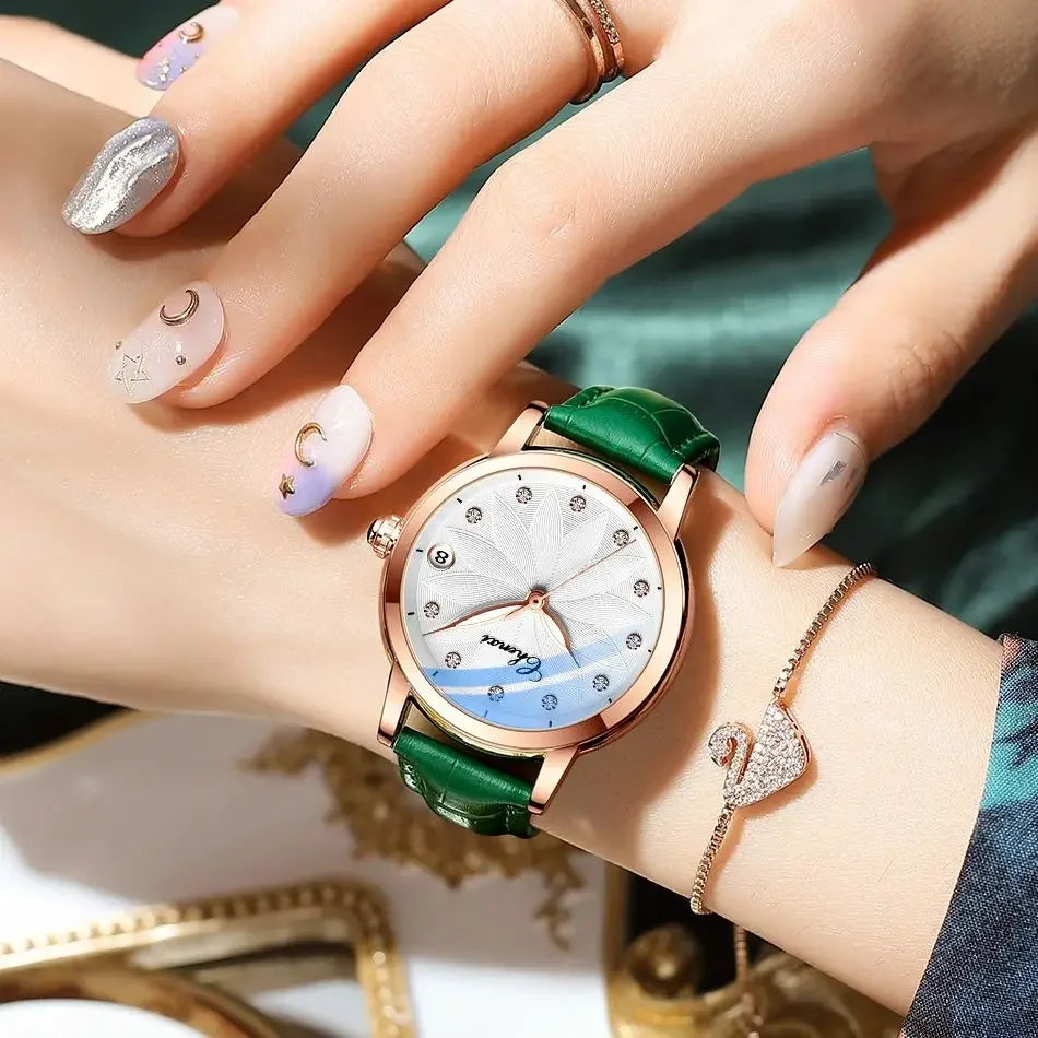 CHENXI 8833 Women's Luxury Automatic Mechanical Watch - Genuine Leather, Diamond Dial, Waterproof, Luminous Calendar