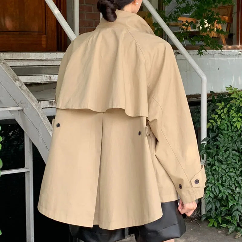Korean Retro Short Trench Coat – Autumn British Style Stand-Up Collar Cloak Design Meg