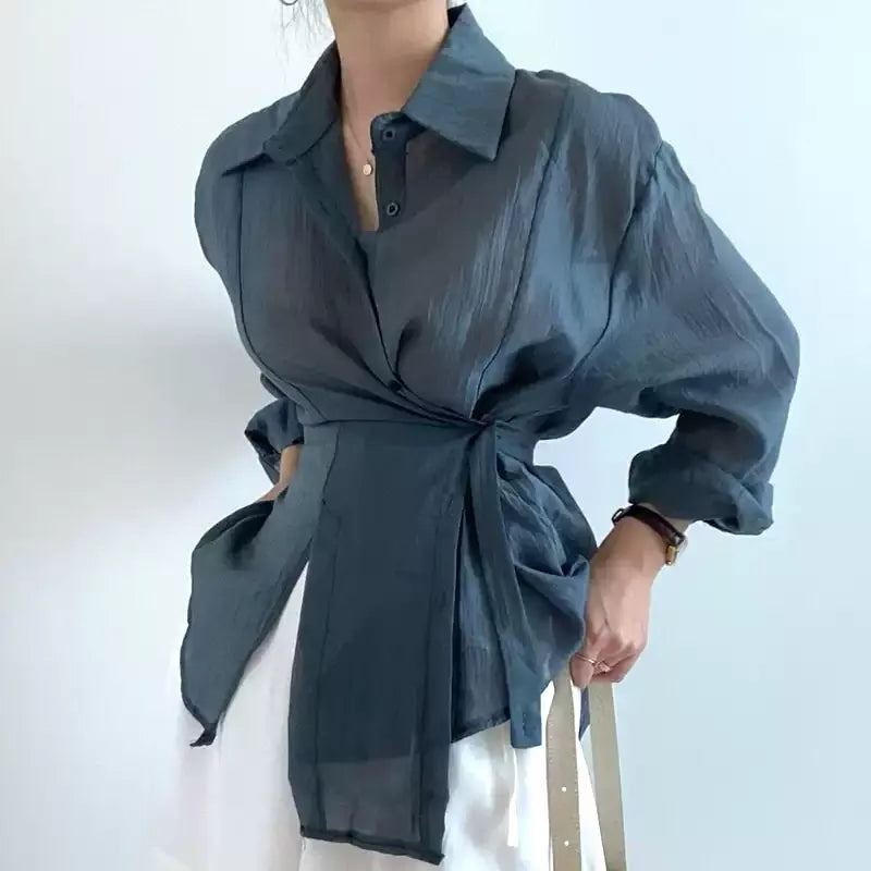 Women's Tie Waist Long Sleeve Shirt with Lapel and Irregular Hem
