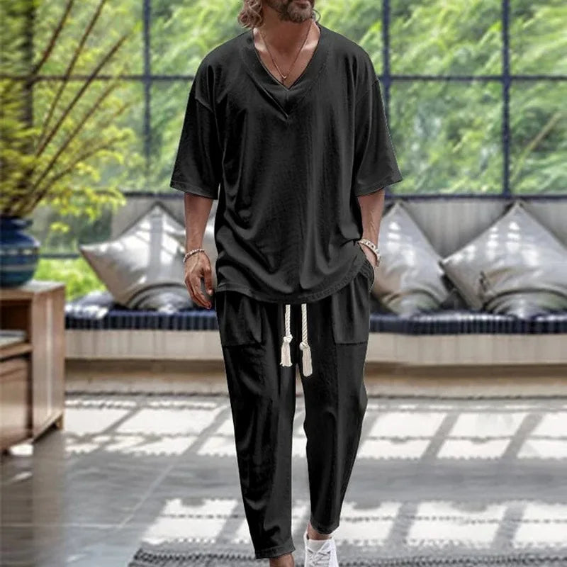 Men's Summer Two-Piece Set | Casual V-Neck Short-Sleeve T-Shirt & Pants in Fashionable Solid Colors Andrew