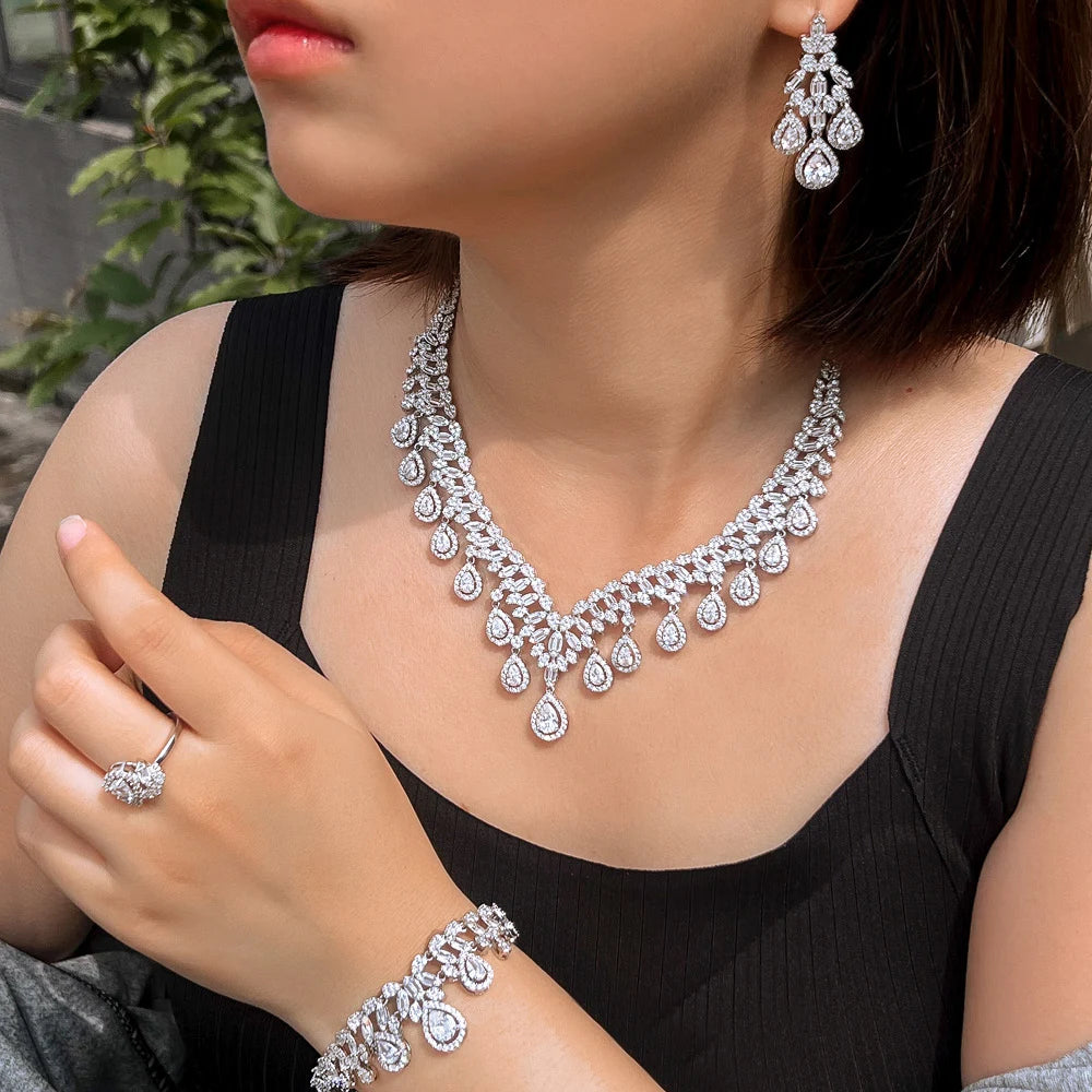 4pcs Luxury Cubic Zirconia Tassel Jewelry Set for Women – Big Necklace, Earrings, Bracelet & Ring | Bridal Wedding Jewelry Anne-Claire
