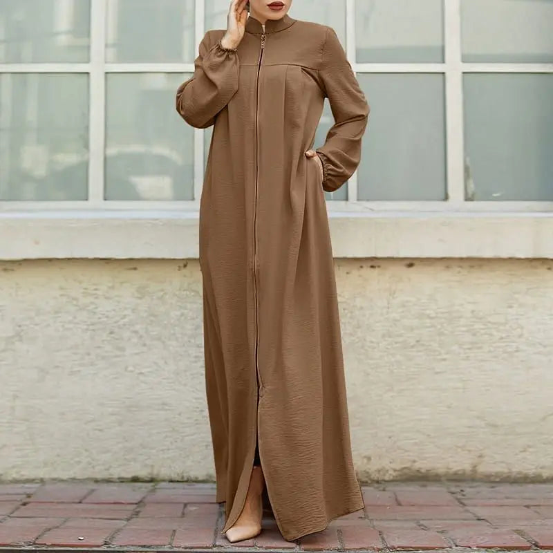 Women's Muslim Arab Style Long Dress – Elegant Abaya with Stand Collar, Zipper, Pockets, and Casual Coat Design Ameerah