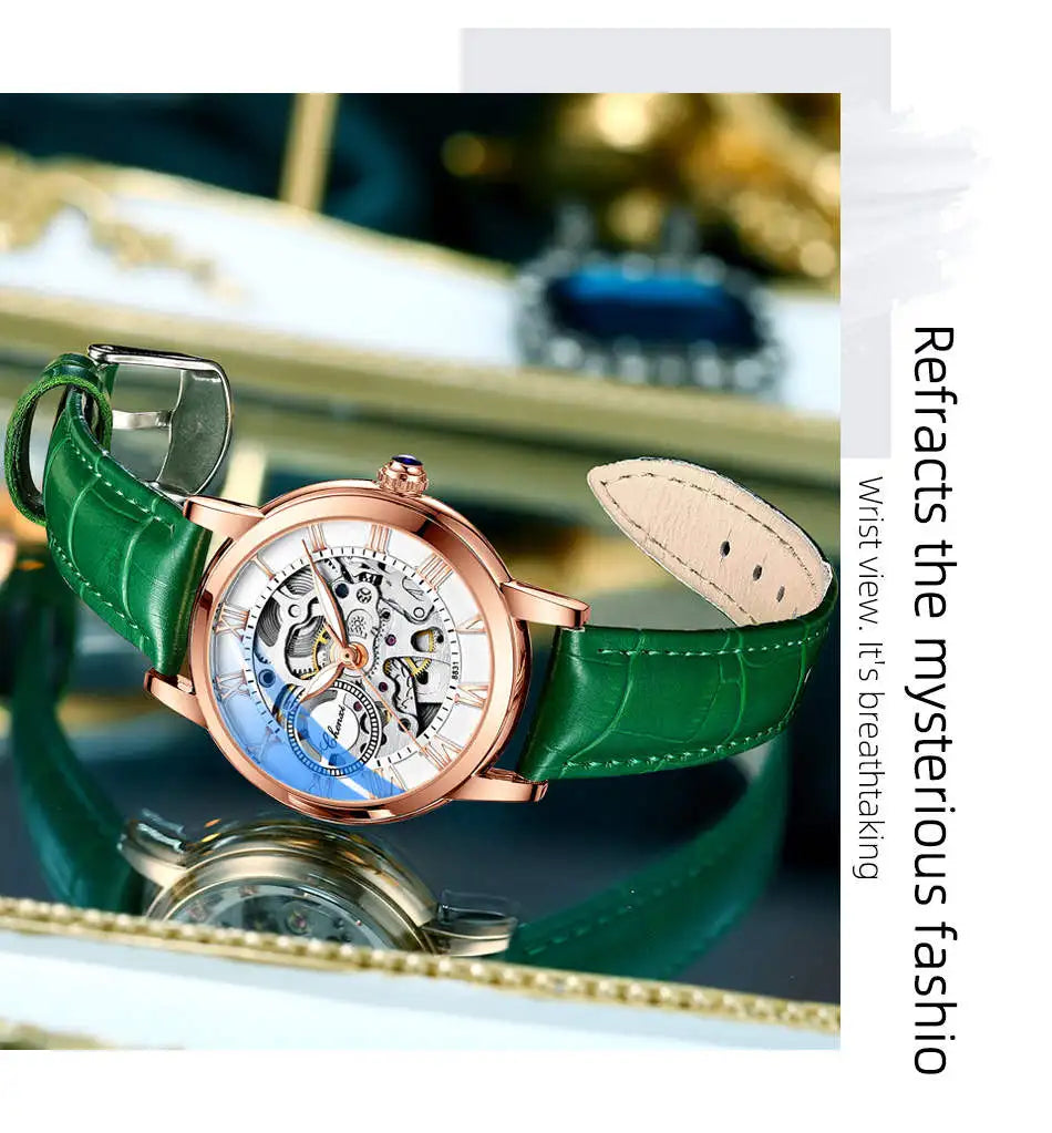 CHENXI 8831 Women’s Casual Rose Gold Skeleton Watch – Fully Automatic Mechanical Wristwatch with Luminous Steel Band