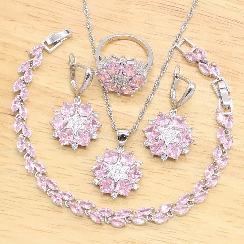 925 Sterling Silver Bridal Jewelry Set for Women – Classic Pink Zircon Bracelet, Earrings, Necklace, Pendant & Ring | Perfect for Weddings, Birthdays & Parties Christelle