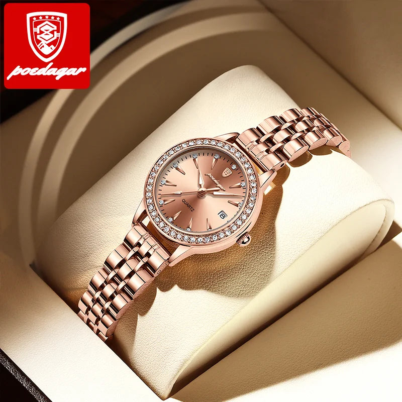 POEDAGAR Women's Rose Gold Luxury Watch – Diamond-Accented Ladies Waterproof Stainless Steel Quartz Wristwatch with Date Display Jocelyn