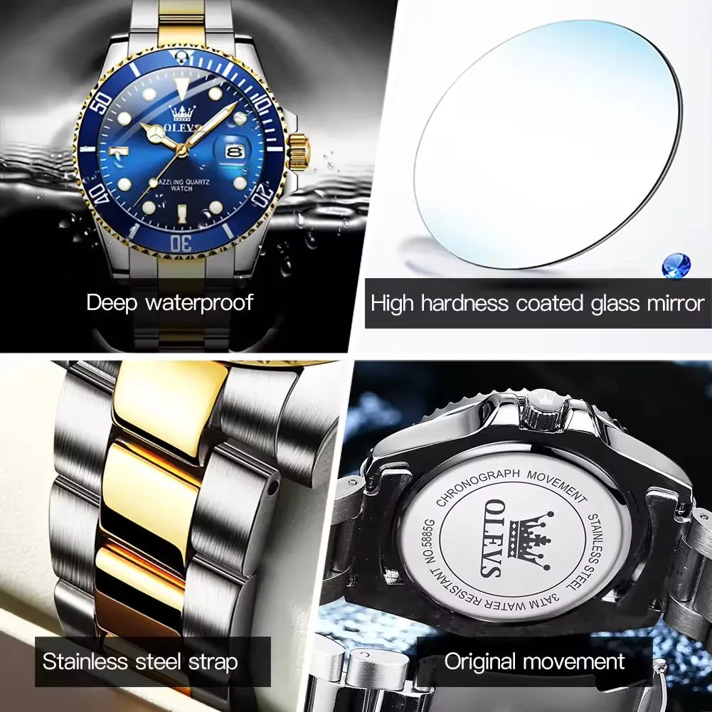 OLEVS 5885 Diamond Watch for Men – Fashionable Business Quartz Wristwatch with Steel Band, Waterproof, Luminous, and Sport Design