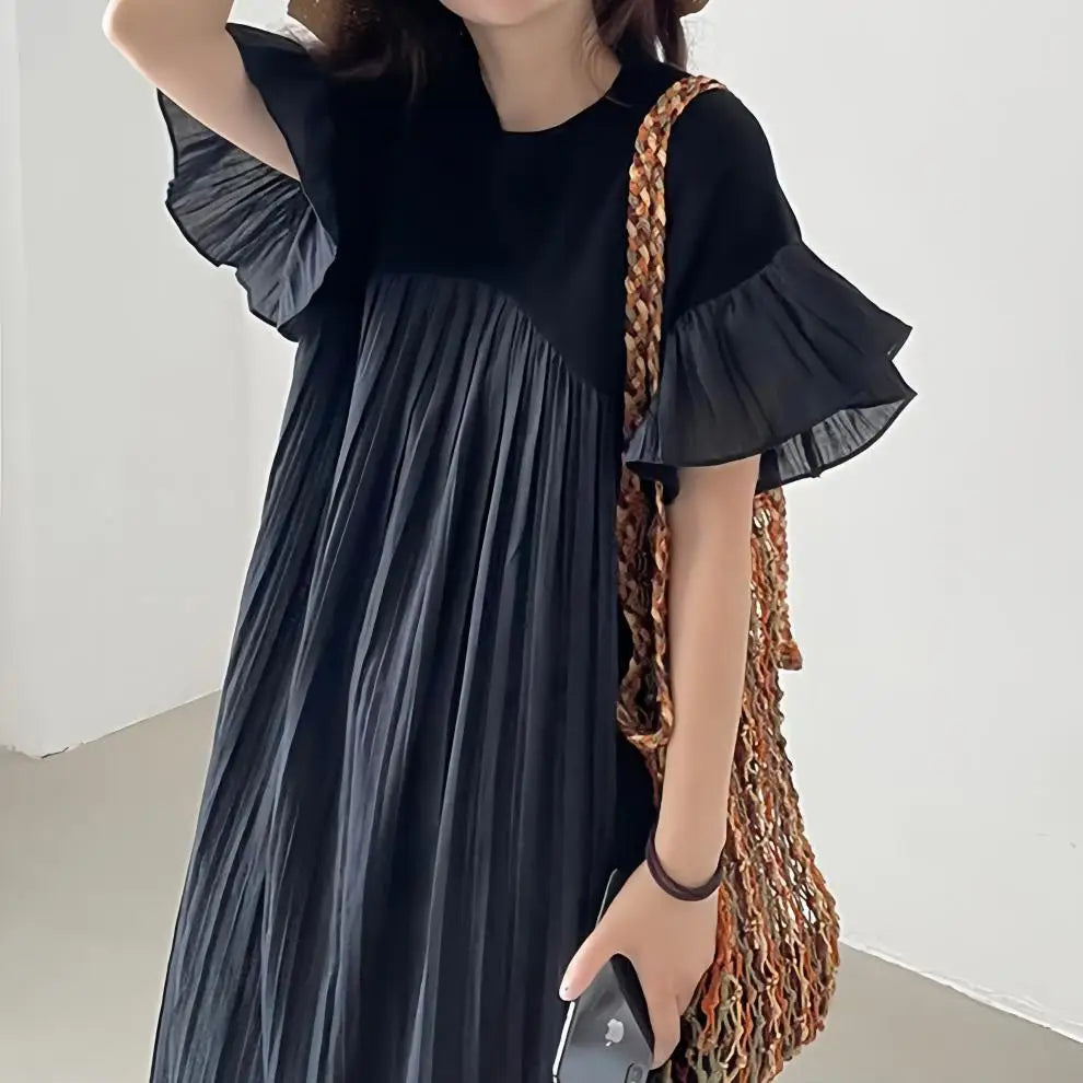 Women's Loose Pleated Patchwork Dress – Flying Sleeve Long Skirt, Casual and Stylish