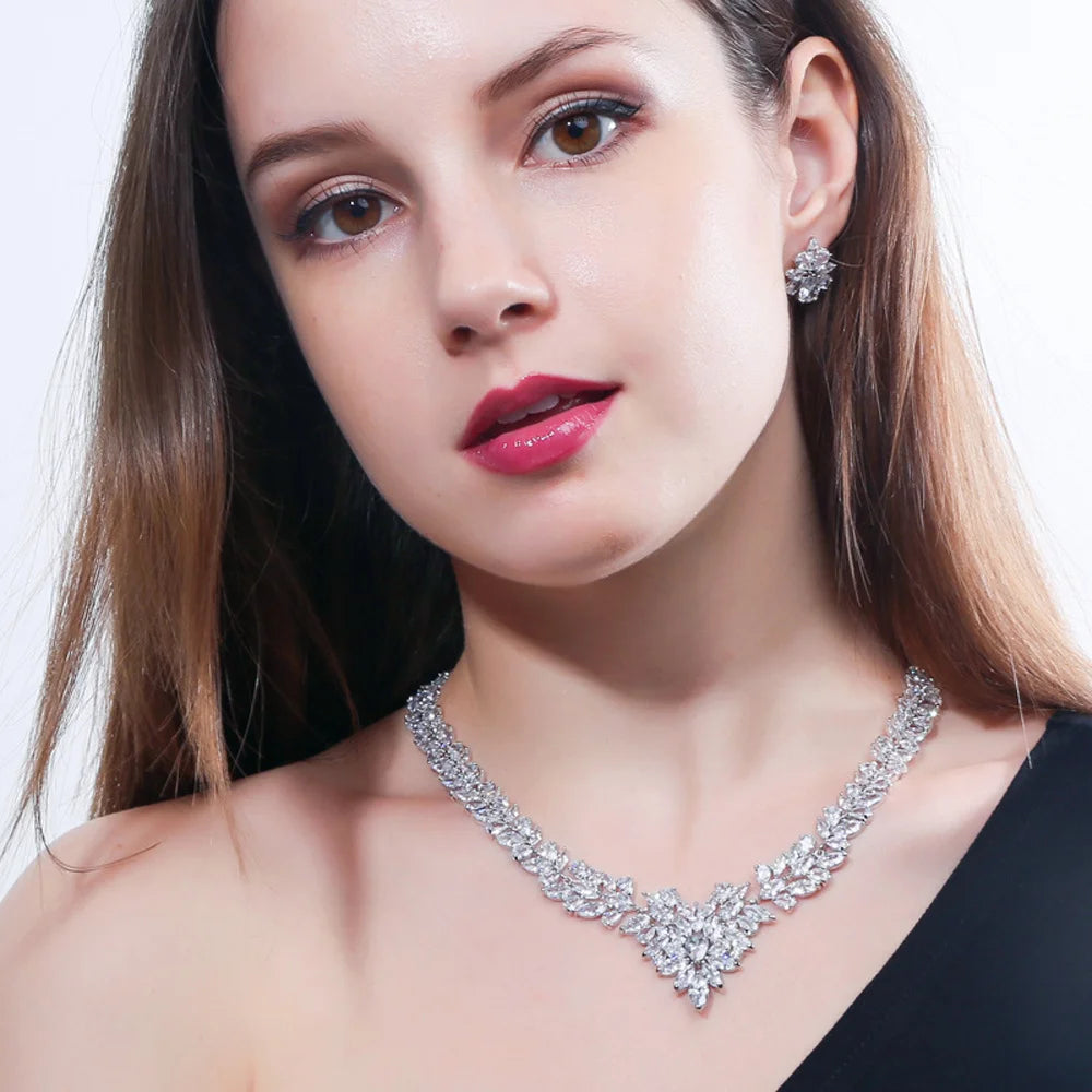5-Color Sparkling White Cubic Zirconia Necklace & Earrings Set – Luxury Bridal Wedding Jewelry Accessories for Women Melanie