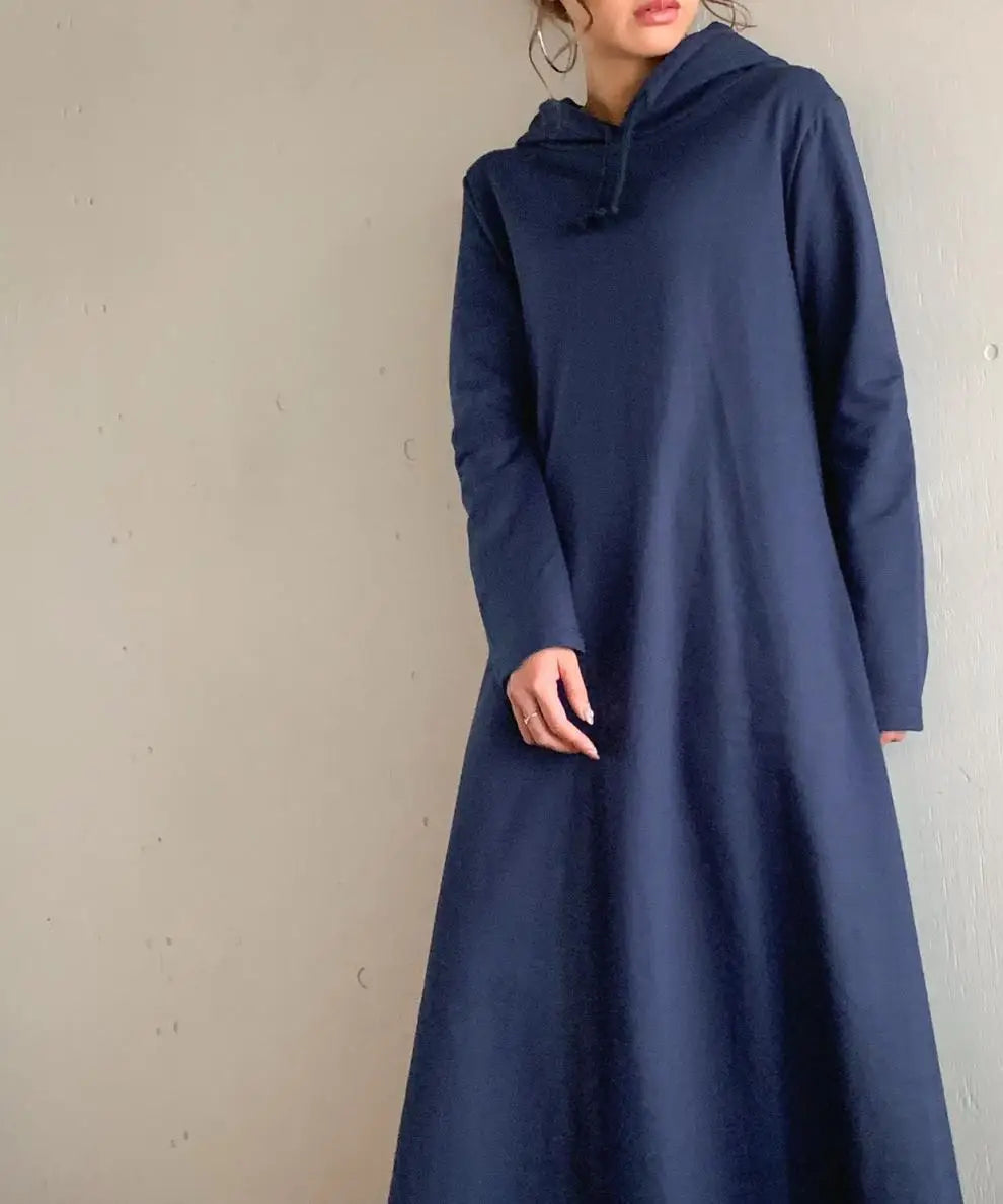 Women’s Maxi Pleated Dress with Pockets | Korean Fashion Winter Hooded Dress Mavy