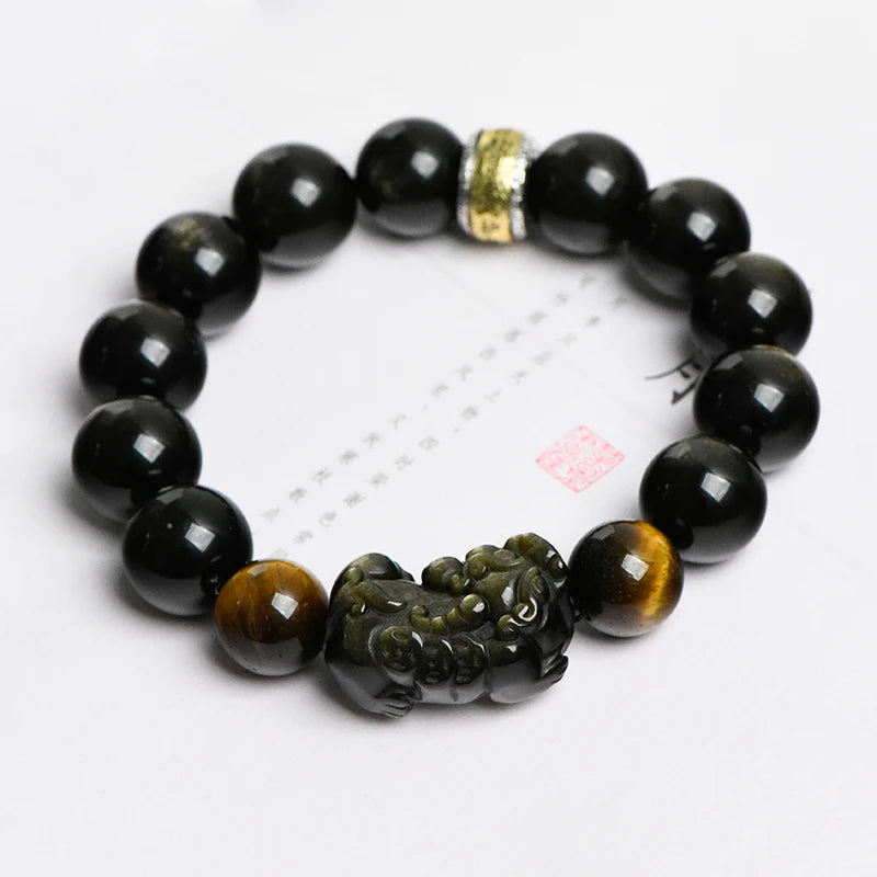 Fortune Feng Shui Gold Obsidian Pixiu Beads Bracelet – Stainless Steel Lucky Amulet Jewelry