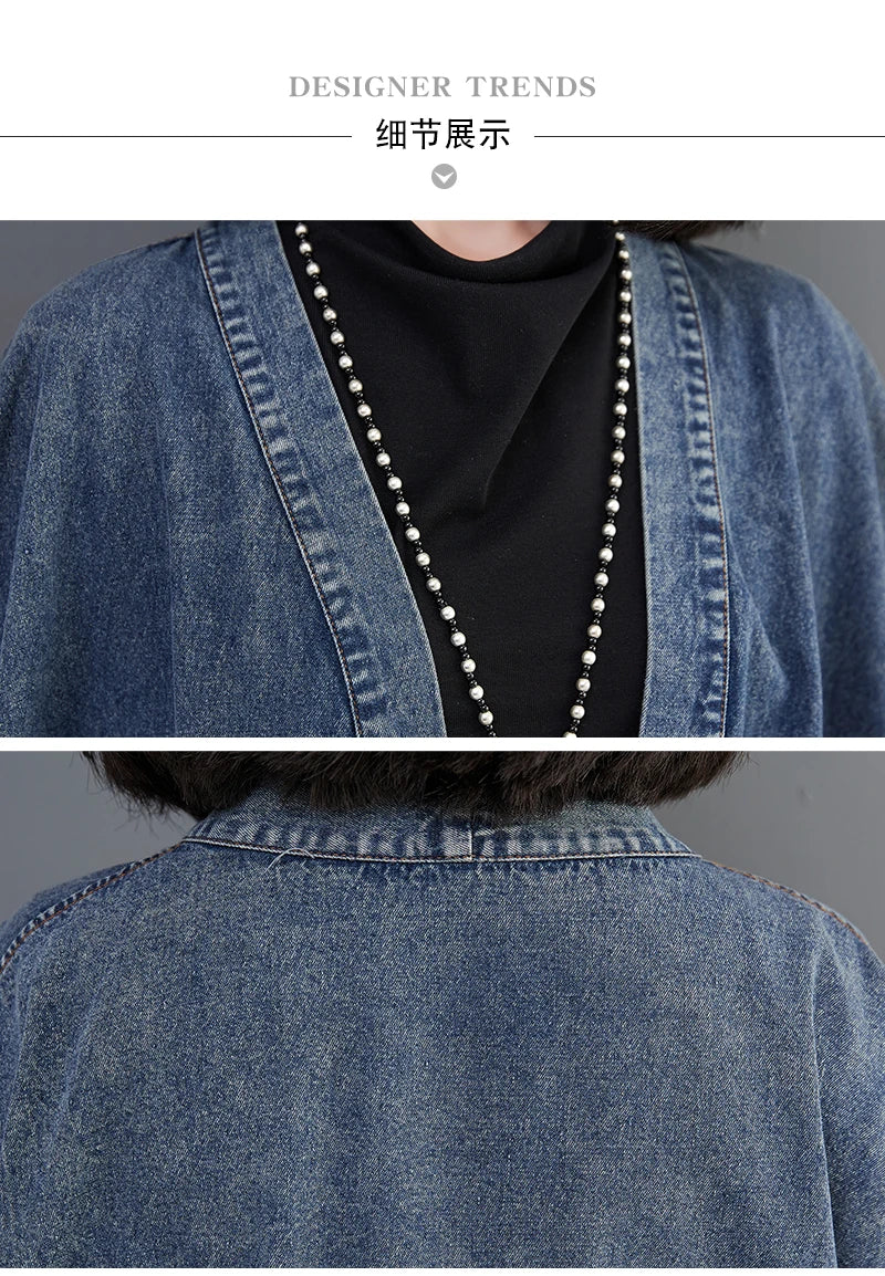 Vintage V-Neck Denim Trench Coat – Casual Medium-Length Jacket with Pockets Harper