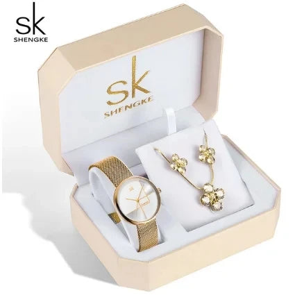SK Women’s Watch and Bracelet Set – Fashion Bling Jewelry Gift Set with Necklace | Stylish Ladies Wristwatch Set