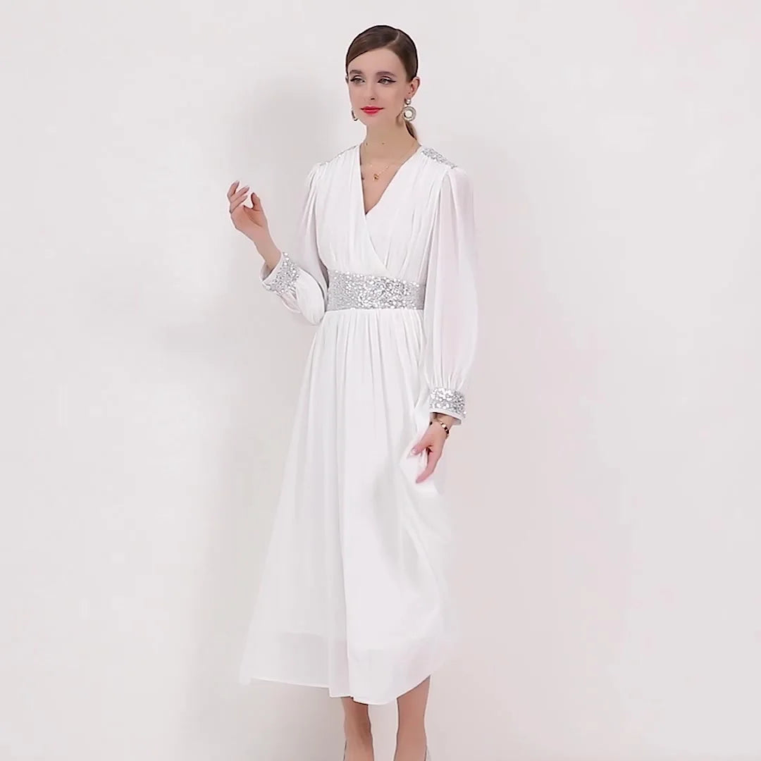 Long Sleeve Maxi Dress – Waist‑Cinching A‑Line Skirt with Bubble Sleeves, Elegant Goddess‑Style Holiday Party Outfit Pia