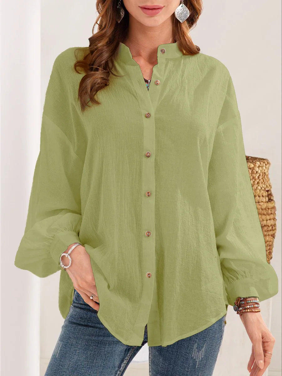 Women Solid Color White Loose Tops Long Sleeve Casual Shirts Stand Collar Button Spring Shirt