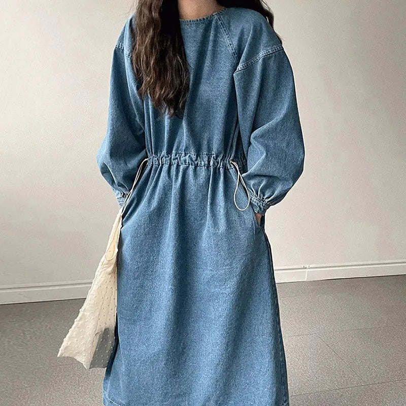 Retro Denim Dress | Spring Round Neck Tie-Waist Large Swing Washable Style Emma