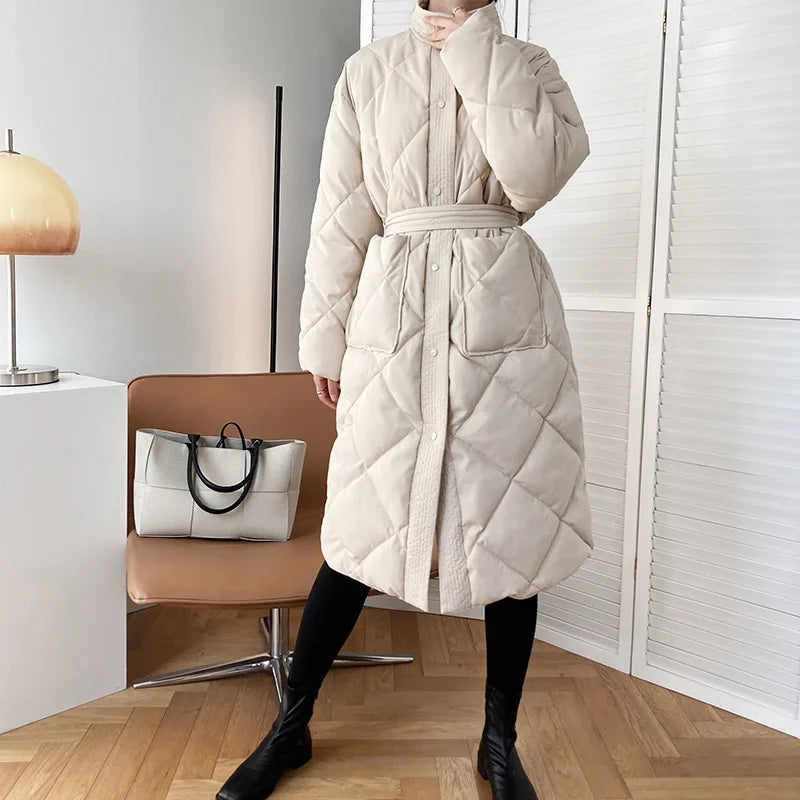 Winter Korean Style Long Cotton-Padded Coat for Women - Casual Stand-Up Collar Argyle Plaid Oversized Parka, Chic Jacket Hester