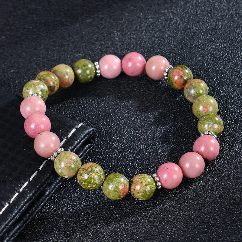 8mm Blue Veins Stone & Green Natural Stone Bracelet | Handmade Elastic Healing Beaded Jewelry with Flower Design Anaya