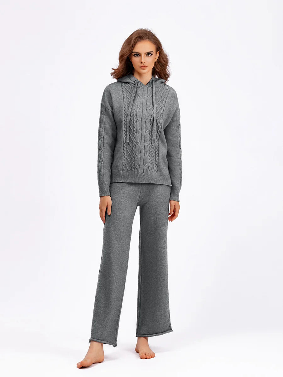 Women’s Warm Knit Jumpsuit Set – Hooded Cable Pullover and Two-Piece Sweater Outfit | Cotton-Nylon Blend Lorelei